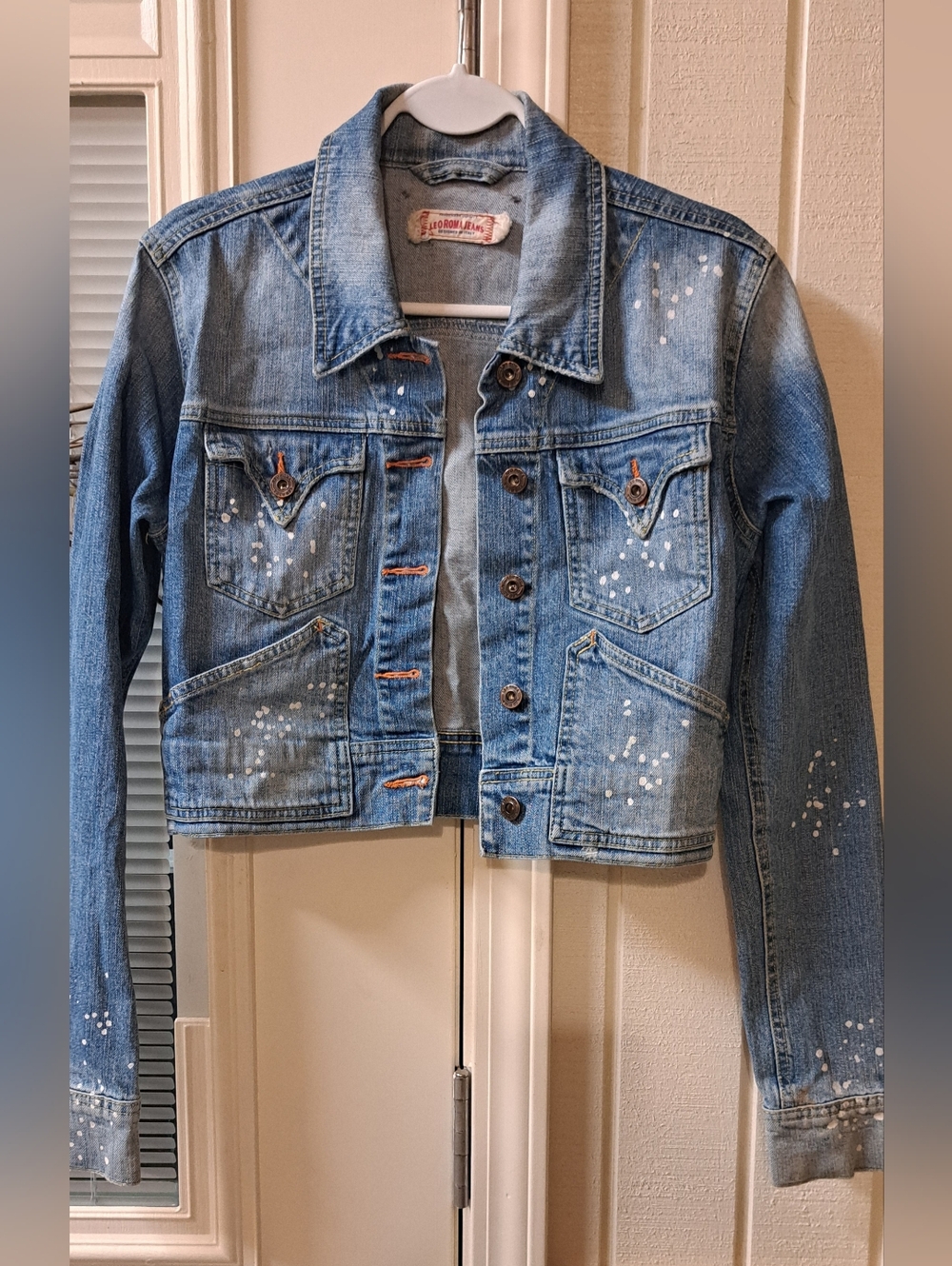 Vintage Leo Roma Italian Denim Jacket Distressed Splatter Cropped LRG
